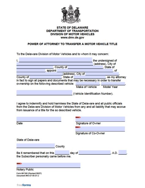 Free Delaware Motor Vehicle Power Of Attorney Form Pdf