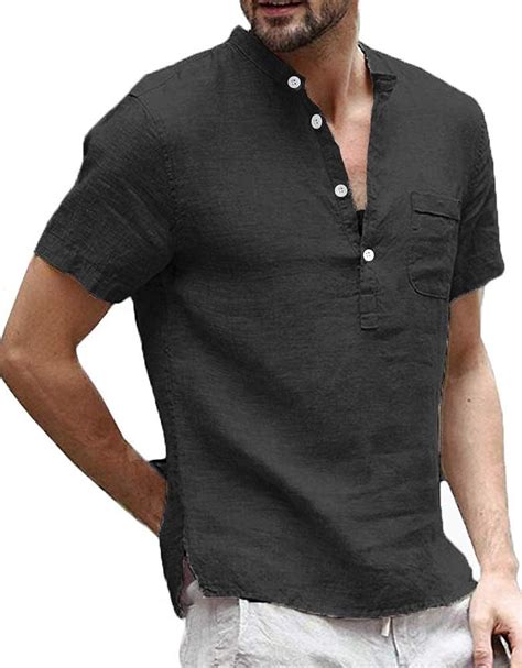 enjoybuy mens linen henley shirts short sleeve casual summer t shirt banded collar beach tops