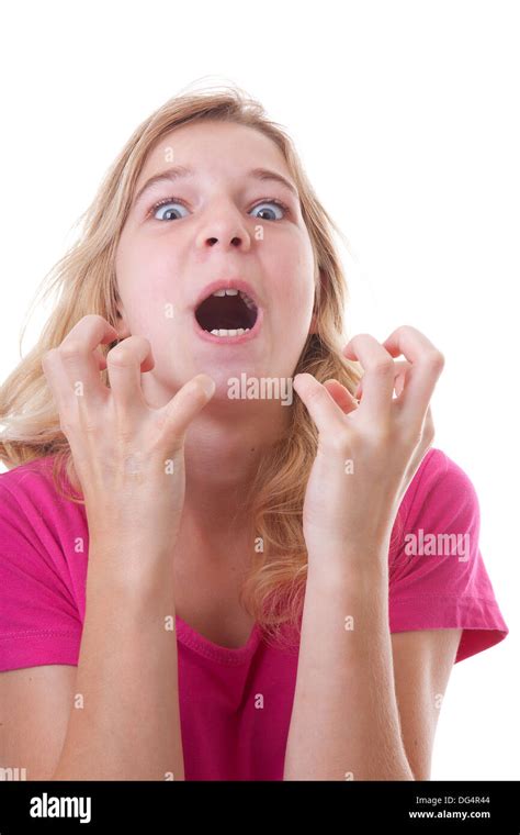 Angry Girl In Despair Over White Background Stock Photo Alamy