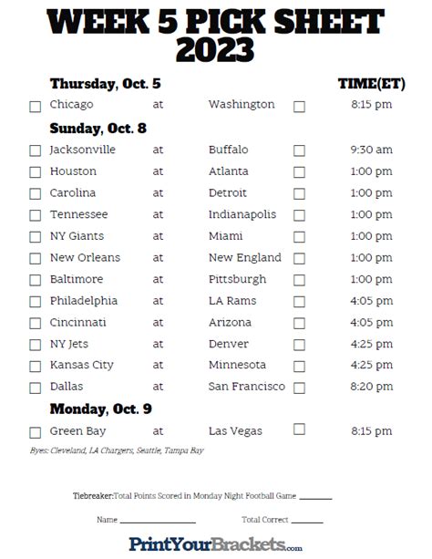 Nfl Pick Em Week Printable