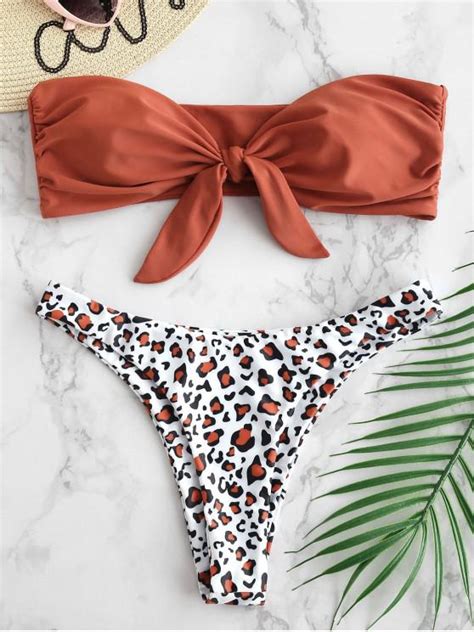 [48 off] 2021 zaful leopard tied bandeau bikini set in chestnut red zaful australia