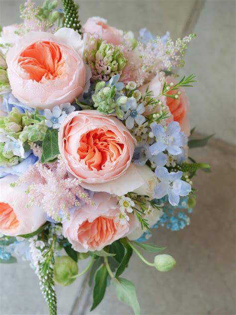 Peach Garden Rose And Blue Hydrangea Wedding Bouquet Hahahaflorist