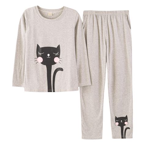 cute cat print women pajama set 2 pieces gray cotton long sleeve elastic waist women lounge
