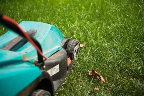Closeup Lawn Mower On The Green Grass Summertime Stock Photo Image
