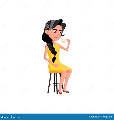 Serious Young Girl Drinking Coffee On Cafe Terrace Cartoon Vector Stock