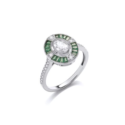 Silver And Emerald Cubic Zirconia Oval Deco Ring Cavendish French