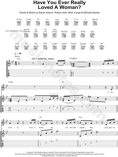 bryan adams have you ever really loved a woman guitar tab in bb major download and print