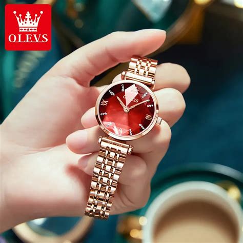 Olevs Luxury Red Diamond Dial Rose Gold Ladies Watch 6642