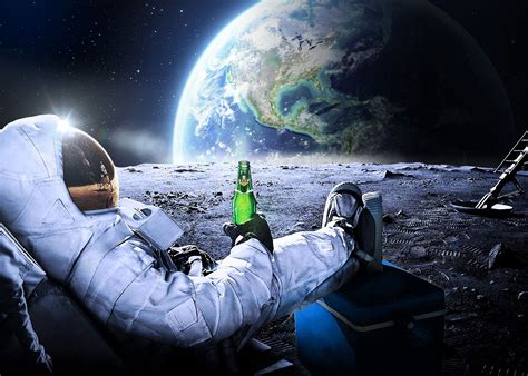Funny Astronaut With Beer Poster Picture Metal Print Paint By