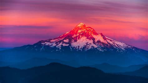 Mount Hood 4k Wallpaper Oregon Alpenglow Sunset Pink Sky Mountain