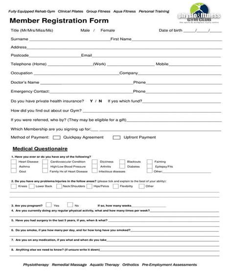 Free Gym Registration Forms In Pdf Ms Word