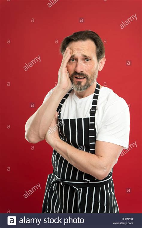 Lot Of Work Confident Mature Handsome Man In Apron Red Background He Might Be Baker Gardener