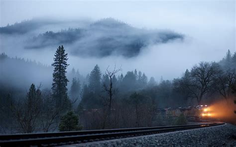 Train Coming From The Foggy Forest Hd Desktop Wallpaper Widescreen