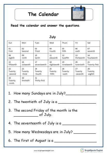 The School Calendar English Reading Worksheet English Treasure Trove