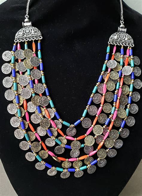 Multi Strand Coin Necklace With Colorful Beads Tribal Necklace Boho