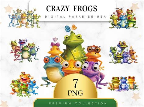 Set Of 7 Crazy Frogs Clipart Frog Png Junk Journal Frog Scrapbook