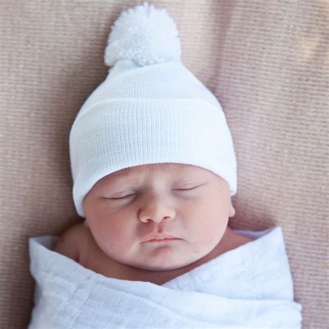 Ilybean Solid White Newborn Hospital Hat With White Pom Pom Gender N