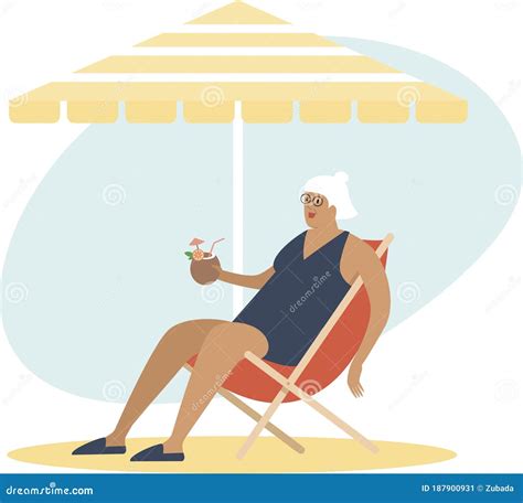 Old Senior Lady Enjoying A Coconut Cocktail On The Beach Under Parasol