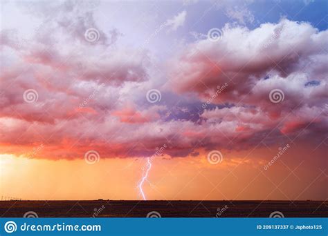 Dramatic Sunset Sky With Thunderstorm And Lightning Stock Image Image