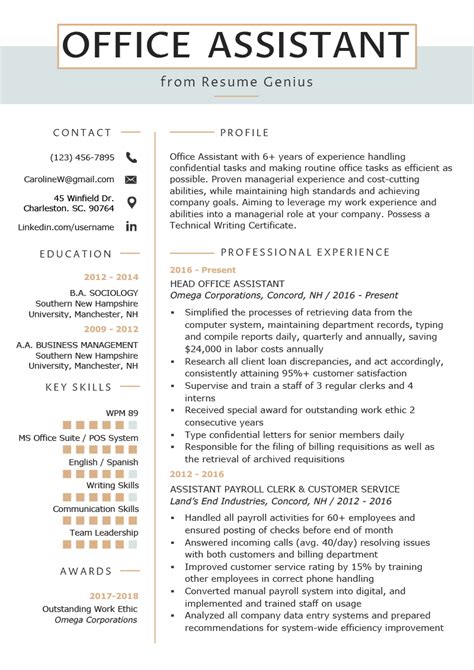 Administrative assistant resume example for a job seeker with experience working as the assistant to executive management of business operations and special projects. Office Assistant Resume Example & Writing Tips | Resume Genius