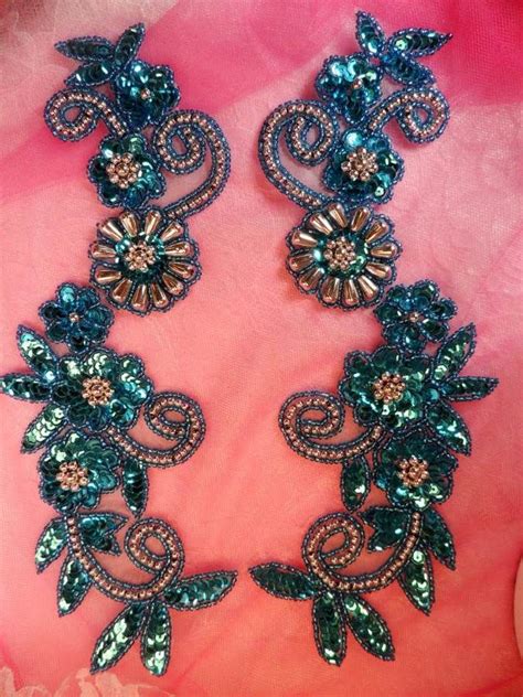 Sequin Appliques Turquoise Silver Beaded Accents Mirror Pair Flower