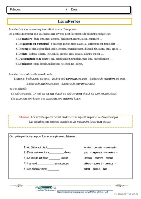 Les Adverbes Compr Hension G N Rale Fran Ais Fle Fiches Pedagogiques