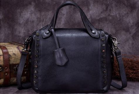 Genuine Leather Handbag Vintage Rivet Crossbody Bag Shoulder Bag Purse