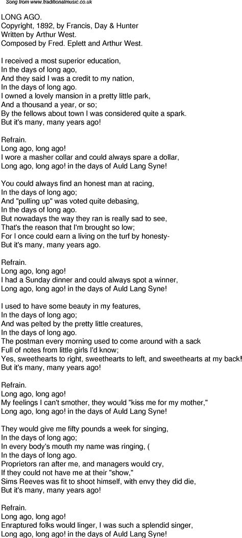 Old Time Song Lyrics For 36 Long Ago