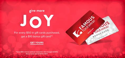 For questions about redeeming gift cards, contact email protected. Famous Footwear Deals: $10 Bonus With $50 Gift Card Purchase!