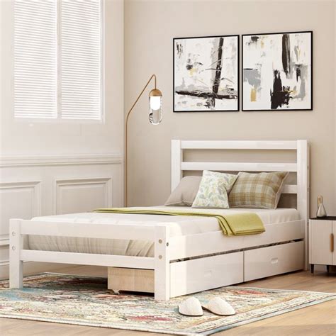 Twin Size Platform Bed With 2 Drawers And Wheels White Solid Wooden