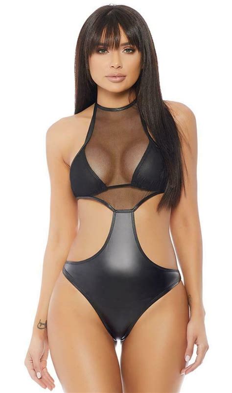 Mesh Wet Look Bodysuit Cut Out Halter Micro Net Matte Sleeveless Black 667824 Bodysuits