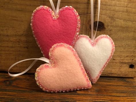 Heart Felt Ornament Set Valentines Day Decor White Heart Pink Etsy