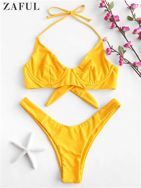 Zaful Sport Solid Thong Bikinis Set Halter Push Up Bikini With Tie Side