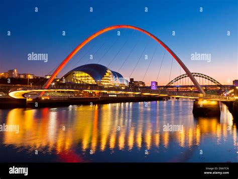 Newcastle Upon Tyne Skyline At Night Gateshead Millennium Bridge Over