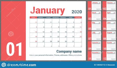 2020 Calendar English Calender Red Color Vector Template Week Starts