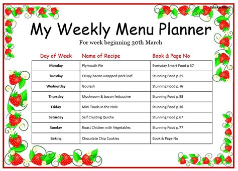 Weekly Menu Template For Home Word Templates