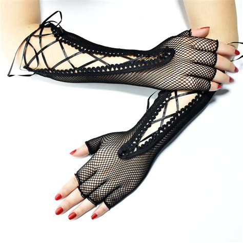 Women Fingerless Mesh Lace Up Gloves Sexy Lace Fishnet Elasticity