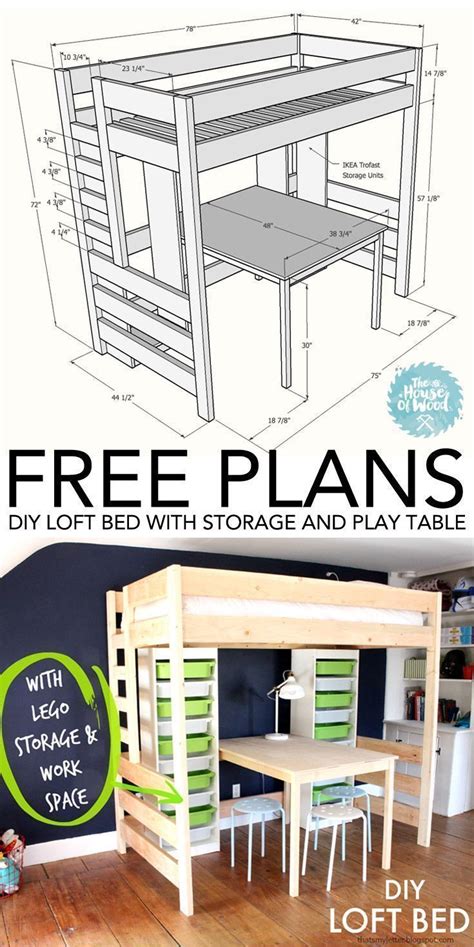 diy loft bed  desk  storage green shelves