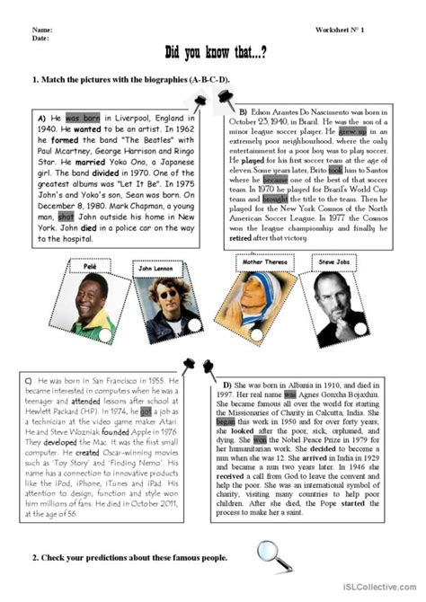 Biographies Of Famous People English Esl Worksheets Pdf And Doc