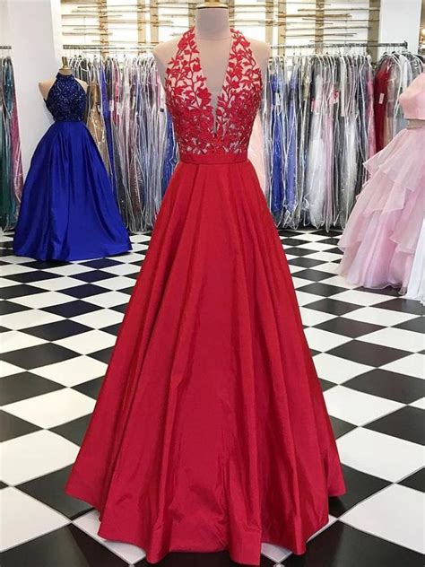 Red Prom Dress A Line Halter Applique Long Prom Dresses