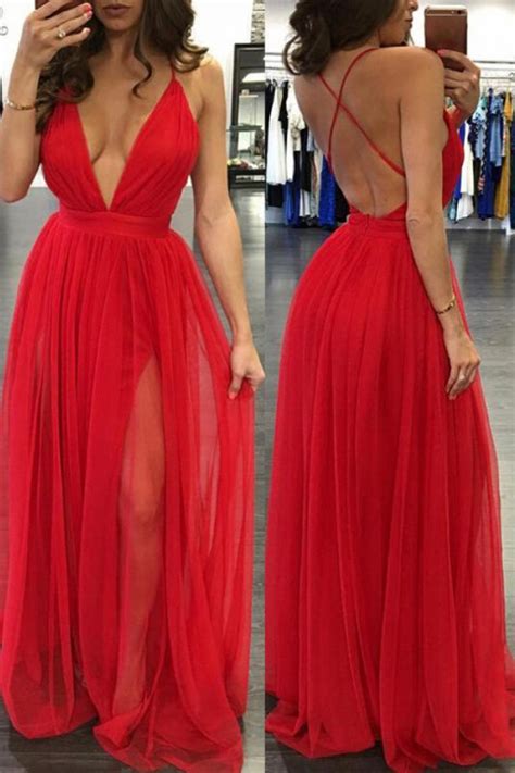 Red Sexy Evening Dressesopen Back Tulle Party Dress With Slit11920
