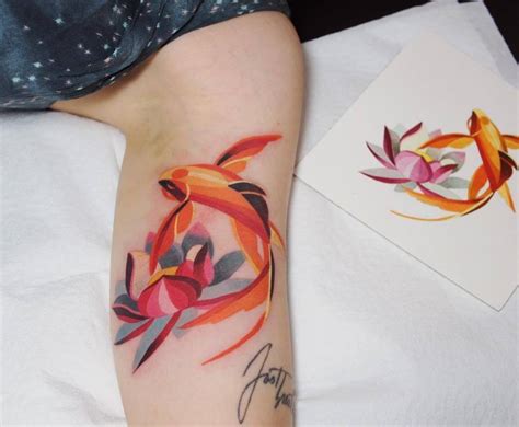 Watercolor Koi Fish And Lotus Tattoo