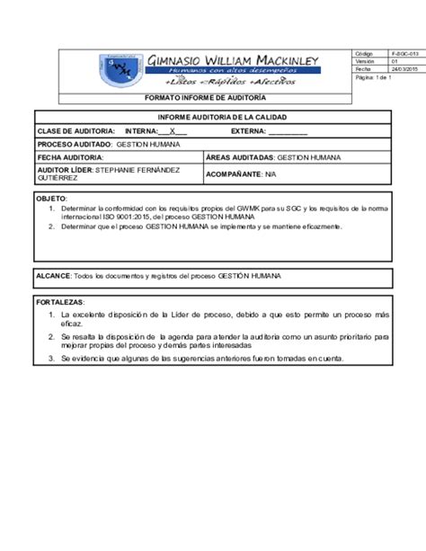 Doc Página 1 De 1 Formato Informe De AuditorÍa Informe Auditoria De