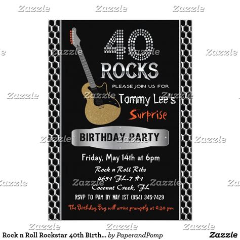 Rock N Roll Rockstar 40th Birthday Invitation Fun Birthday Party