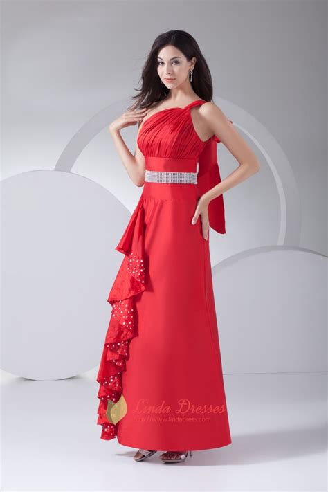One Shoulder Ruffle Dress Taffeta Red Beaded Empire Waist Prom Dresses