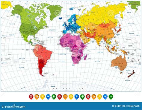 Cores De Ponto Detalhadas Do Mapa Do Mundo E Ponteiros Coloridos Do