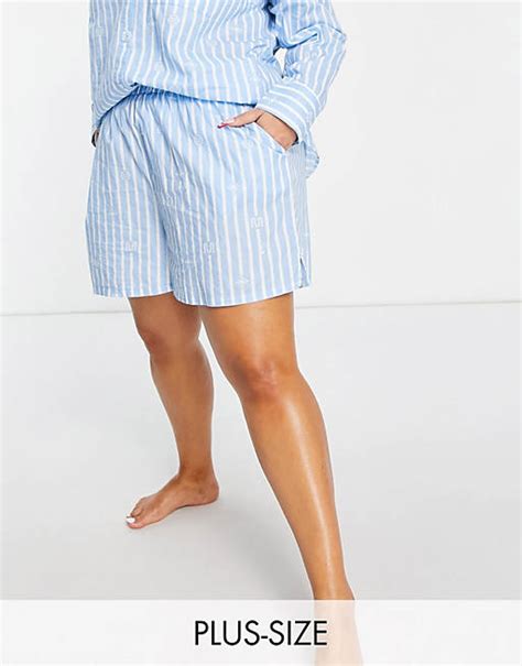 River Island Plus stripe logo pyjama co-ord shorts in blue | ASOS