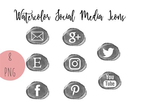 Gray Watercolor Social Media Icons Set Of 8 Blog Buttons