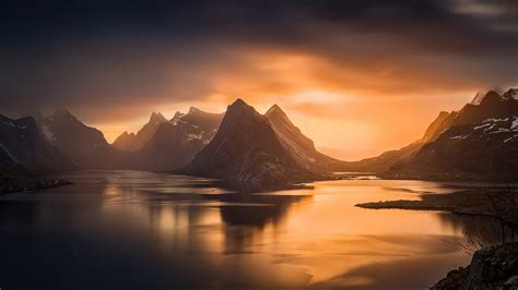 Nature Landscape Fjord Sunset Mountain Island Norway Sky Sea