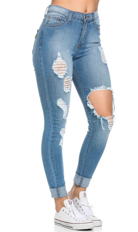 High Waisted Distressed Skinny Jeans In Blue Plus Sizes Available